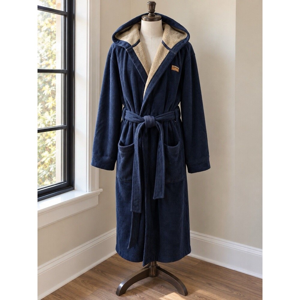 L.L. Bean Men's Waffle Knit Robe Fleece Lined Hooded Navy Size Large Bathrobe